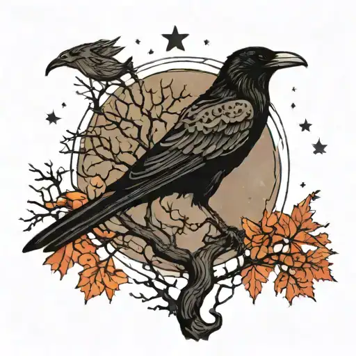 a full-length ebony tree with black branches, a raven on the knee pierced by arrows, a darkened sky with stars around, a tattoo design idea