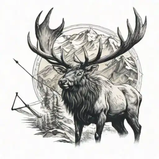 A majestic bull elk standing tall in the mountains, with a bow and arrow in hand, ready for the hunt tattoo design idea