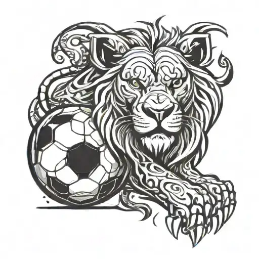 Lion with strong Foo Dog traits standing confidently with one paw resting on top of a soccer ball. Background battle  tattoo design idea