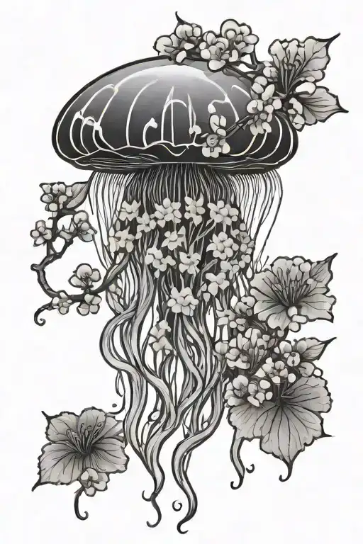 A tattoo featuring a jellyfish surrounded by Japanese cherry blossom trees tattoo design idea