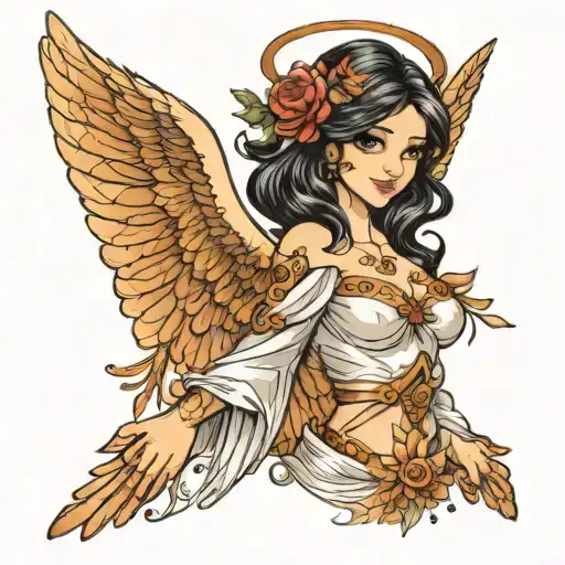 lond dark haired smiling angel transparent wings spread wide tattoo design idea