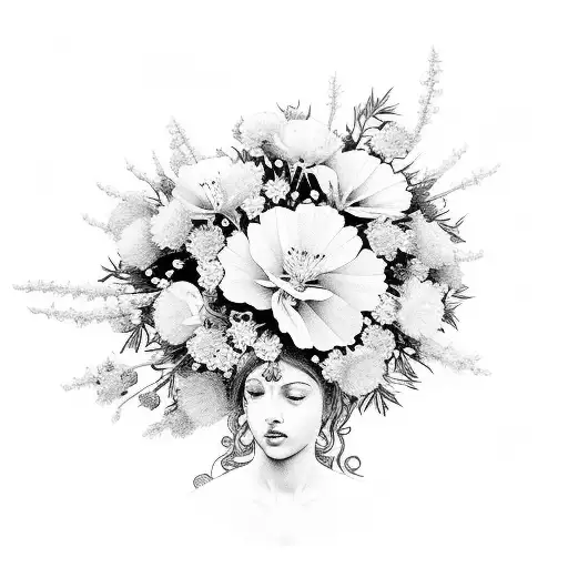 virgin mary surrounded by a wreath of cherry blossoms and carnations tattoo design idea