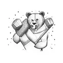 A powerful bear lifting weights in a lush forest tattoo design idea