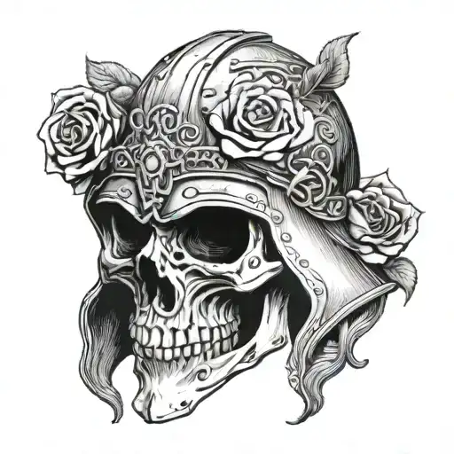skull wearing theoden's helmet lord of the rings with rose border tattoo design idea