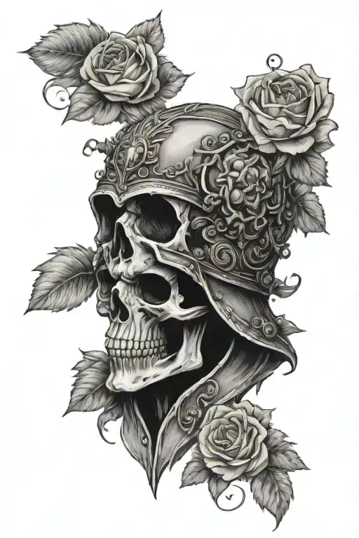 skull wearing theodens helm surrounded by roses tattoo design idea