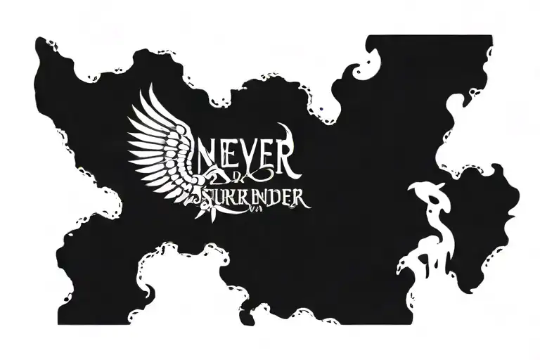 a tattoo with the word "never surrender" accompanied by a symbol that identifies the word tattoo design idea