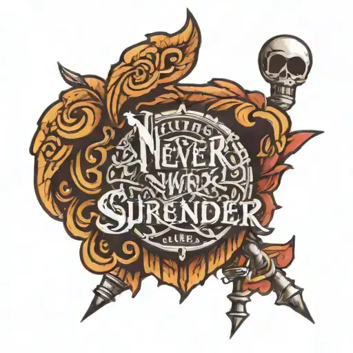 a tattoo with the word "never surrender" accompanied by a symbol that identifies the word tattoo design idea