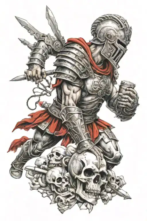 roman gladiator warrior battling with skulls surrounded. include red blood and a Trojan horse tattoo design idea