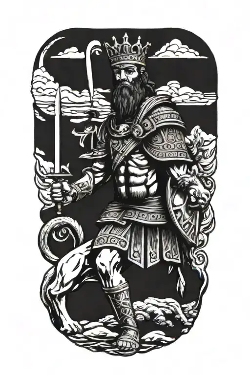 Roman warrior with lion wearing a crown tattoo design idea