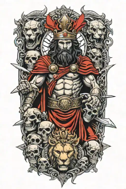 Roman warrior, red blood, skulls surrounding, lion with crown, "always hungry" Medusa  tattoo design idea