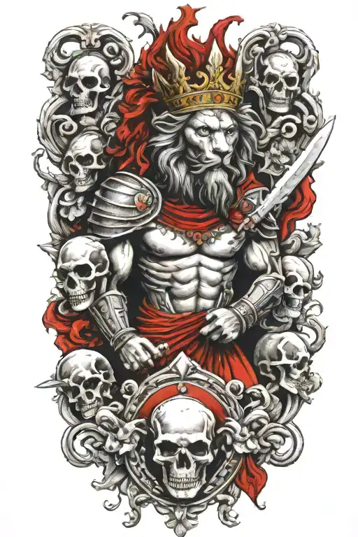 Roman warrior, red blood, skulls surrounding, lion with crown, "always hungry" Medusa  tattoo design idea