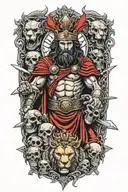 Roman warrior, red blood, skulls surrounding, lion with crown, "always hungry" Medusa  tattoo design idea