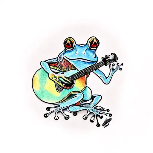 a frog sitting on a mushroom playing the guitar tattoo design idea