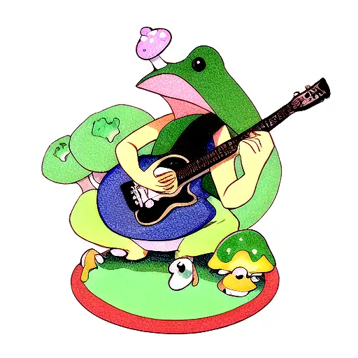 a frog sitting on a mushroom playing the guitar tattoo design idea