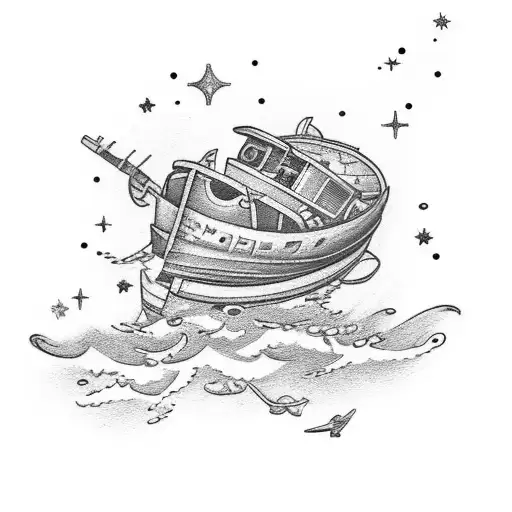 broken stopwatch with a Phenix and a old boat floating in the stars. include Gemini  tattoo design idea