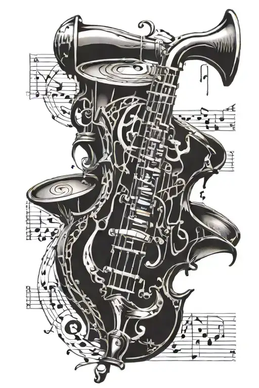 Warhammer with Jazz music notes incorporated within tattoo design idea