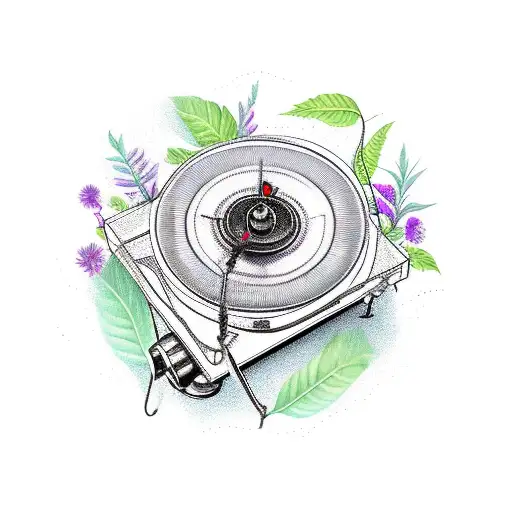 Gramophone with botanical elements tattoo design idea