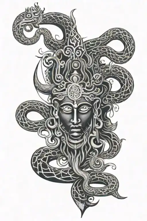 lord shiva's trishul, third eye, damaru, rudraksha, tripundra, nandi, crscent moon, snake tattoo design idea