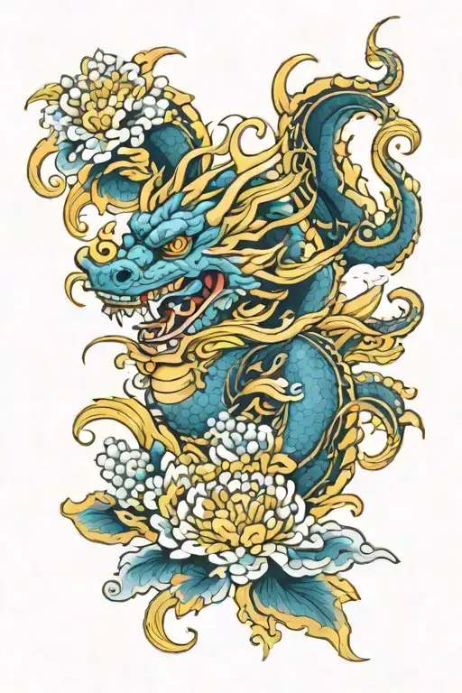 blue and gold dragon with chrysanthemum and clouds  tattoo design idea