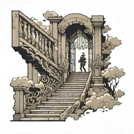 person walking up stairs to heaven gates tattoo design idea
