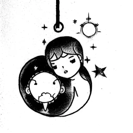 un tatuaje que salga un niño en un columpio con unas alas de ángel mirando el cielo y ahí este la constelación lyra tattoo design idea