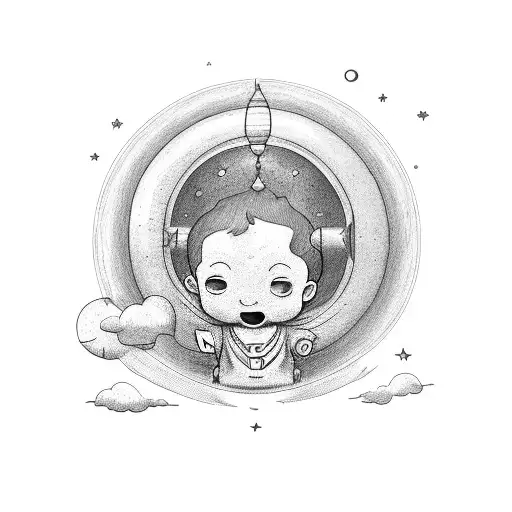 un niño columpiandose con una aureola en la cabeza mirando al cielo y viendo la luna y la constelación de lyra  tattoo design idea