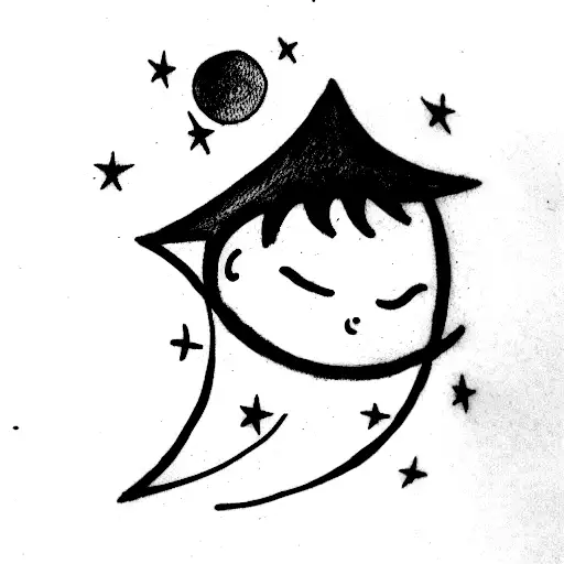 un niño columpiandose con una aureola en la cabeza mirando al cielo y viendo la luna y la constelación de lyra  tattoo design idea