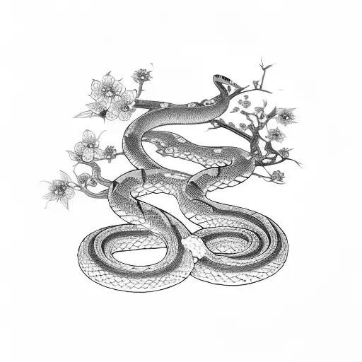 Katana with snake and blossom tree tattoo design idea