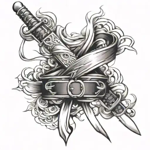 Create a tattoo of a black belt intertwined with swords in a realistic style tattoo design idea