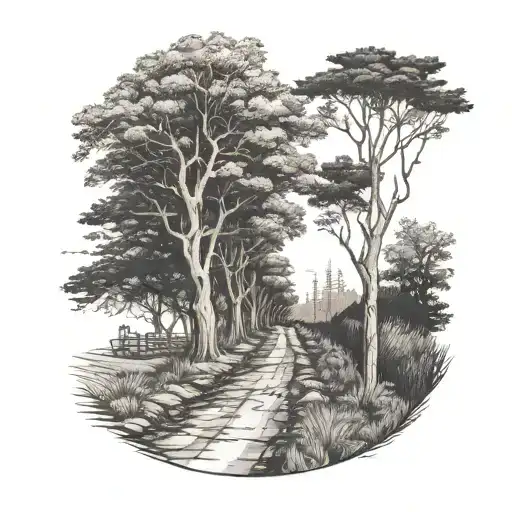 dirt road that splits with trees on each side view tattoo design idea