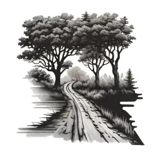 dirt road that splits into a y with trees on each side view tattoo design idea