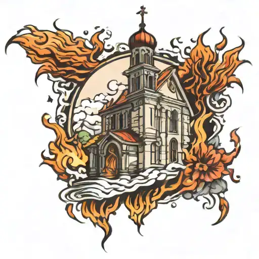 burning church tattoo design idea