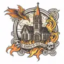 burning church tattoo design idea