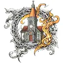 burning church tattoo design idea