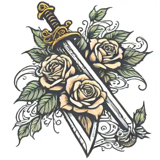 sword and roses tattoo design idea
