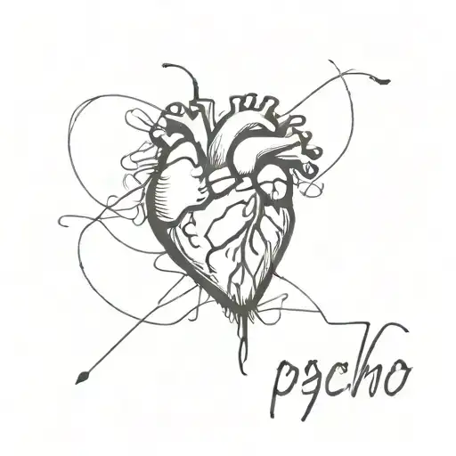 word "psycho" and  human heart tattoo design idea