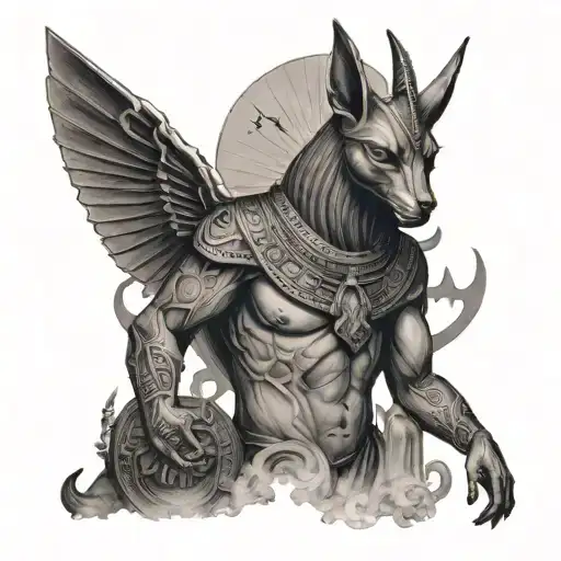 Anubis with a scale and ghosts around and details tattoo design idea