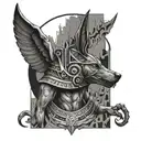 Anubis with a scale and ghosts around and details tattoo design idea