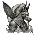 Anubis with a scale and ghosts around and details tattoo design idea