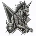 Anubis with a scale and ghosts around and details tattoo design idea