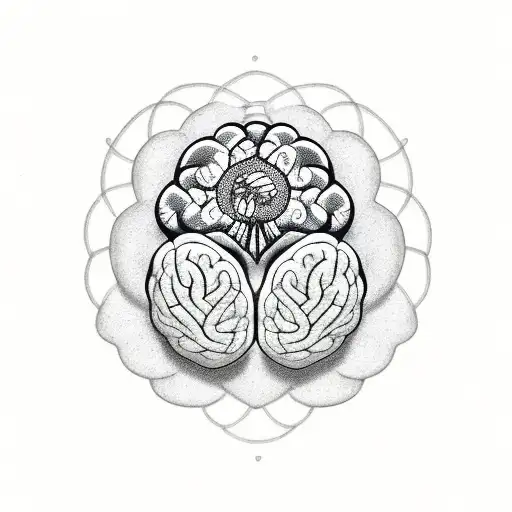 A delicate blackwork tattoo of a brain with blooming flowers, symbolizing mental health and resilience. tattoo design idea