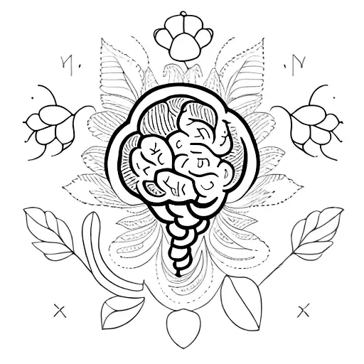 A delicate blackwork tattoo of a brain with blooming flowers, symbolizing mental health and resilience. tattoo design idea