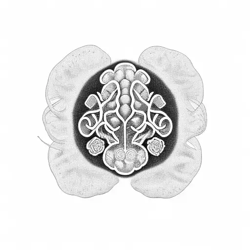 A delicate blackwork tattoo of a brain with blooming flowers, symbolizing mental health and resilience. tattoo design idea