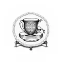 A creative design combining elements of your grandmother's favorite things, such as a teacup, knitting needles, and a book, in a blackwork style for a modern and unique tattoo tattoo design idea