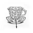 A creative design combining elements of your grandmother's favorite things, such as a teacup, knitting needles, and a book, in a blackwork style for a modern and unique tattoo tattoo design idea