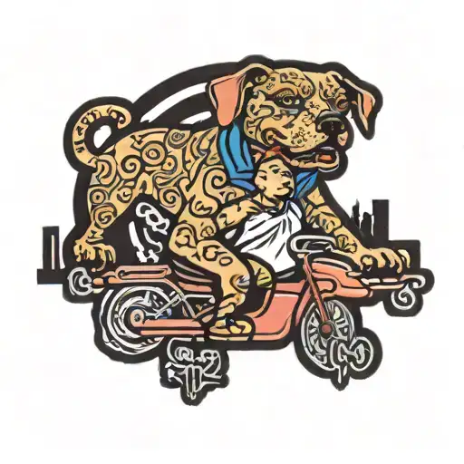Design a new-school style tattoo of a gang member riding a pitbull through the streets of Tulsa, Oklahoma, with graffiti-style lettering of the city's name tattoo design idea