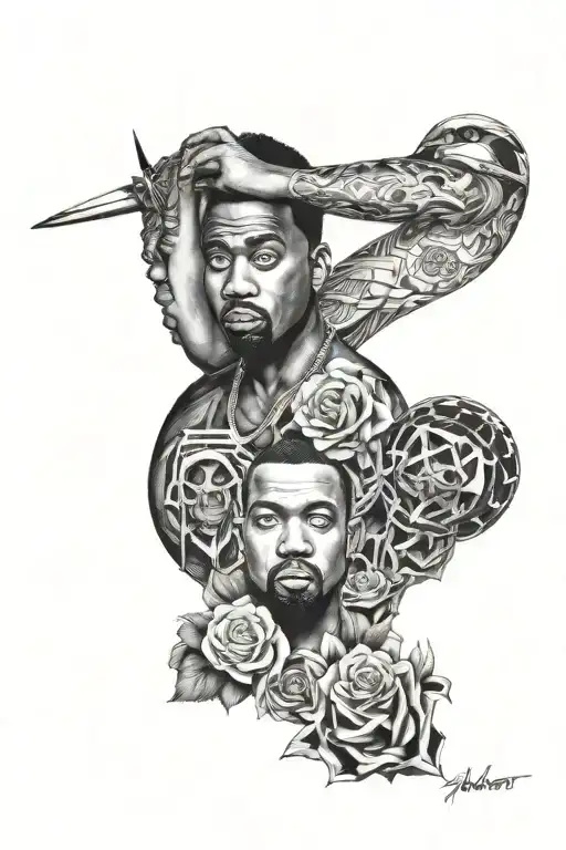create a half sleeve featuring My Beautiful Dark Twisted Fantasy by Kanye West,  good kid, m.A.A.d city by Kendric Lamar tattoo design idea