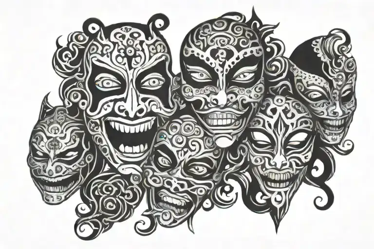3 masks - happy, sad, shocked, evil eyes and grin behind tattoo design idea