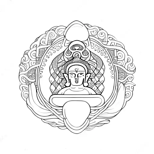 A simple budda sitting inside of a ouroboros with yggdrasil behind it tattoo design idea