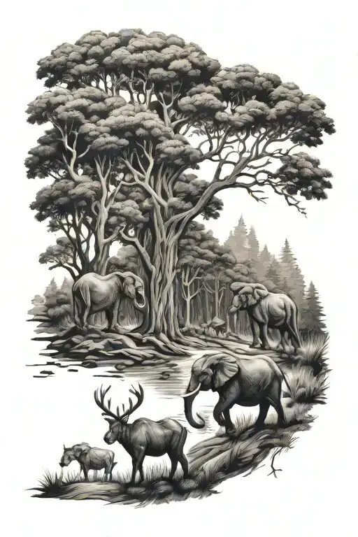 elephant, deer, and bobcat walking down a trail in the woods tattoo design idea